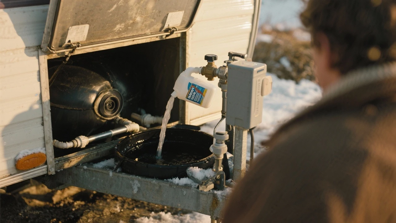 Personne versant de l’antigel dans le système d’eau d’une roulotte pour éviter le gel des tuyaux pendant l’hiver.
