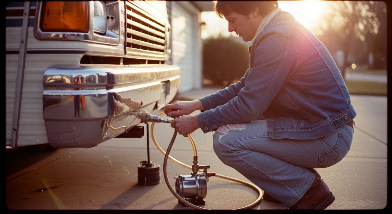 Homme en veste de jeans raccordant un tuyau d’air à une roulotte au coucher du soleil, pour purger la tuyauterie avant l’hivernation.