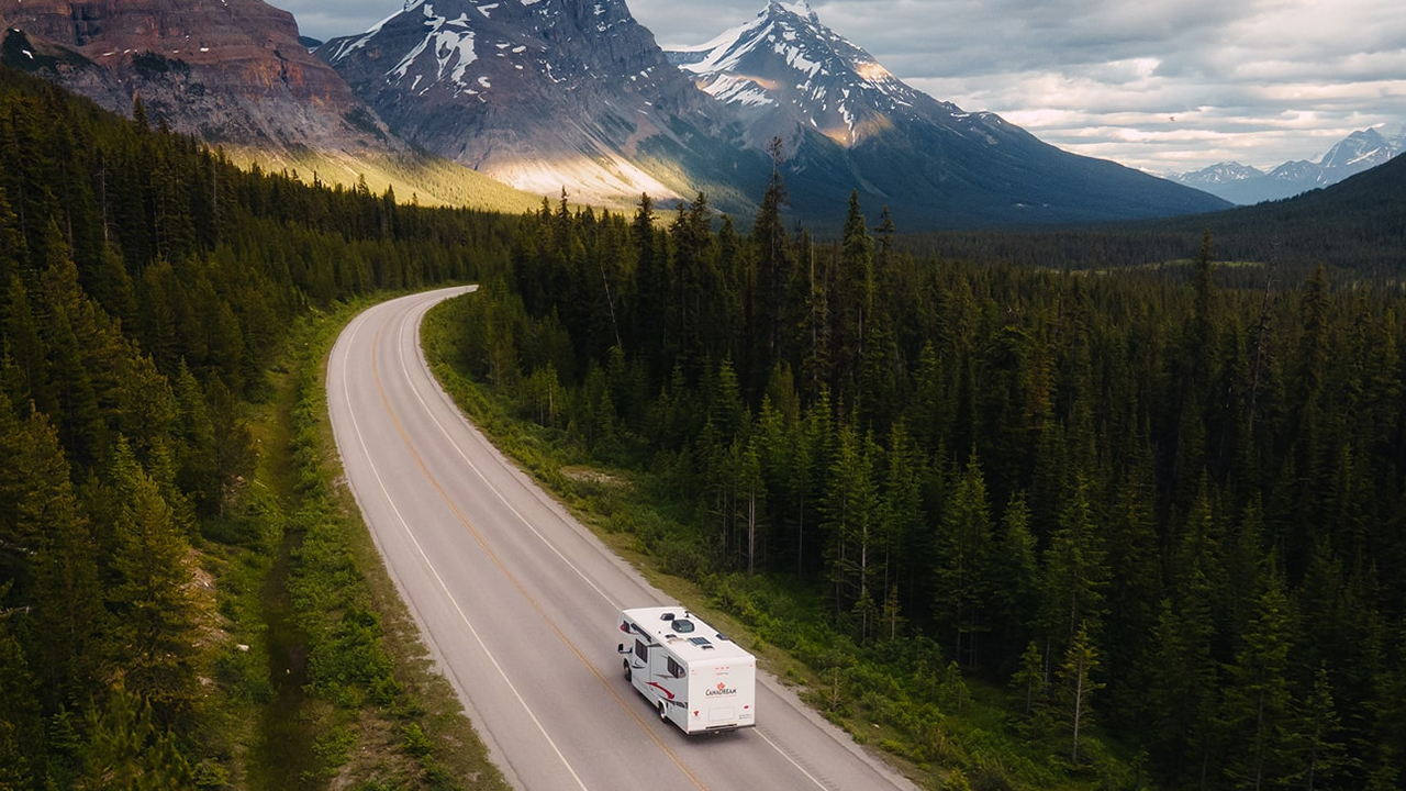 Vue arrière d'un vr en route vers un long itinéraire vers Vancouver