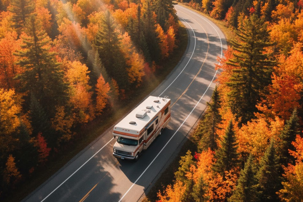 Vue avant d'un Vr en route vers l'ouest Canadien l'automne